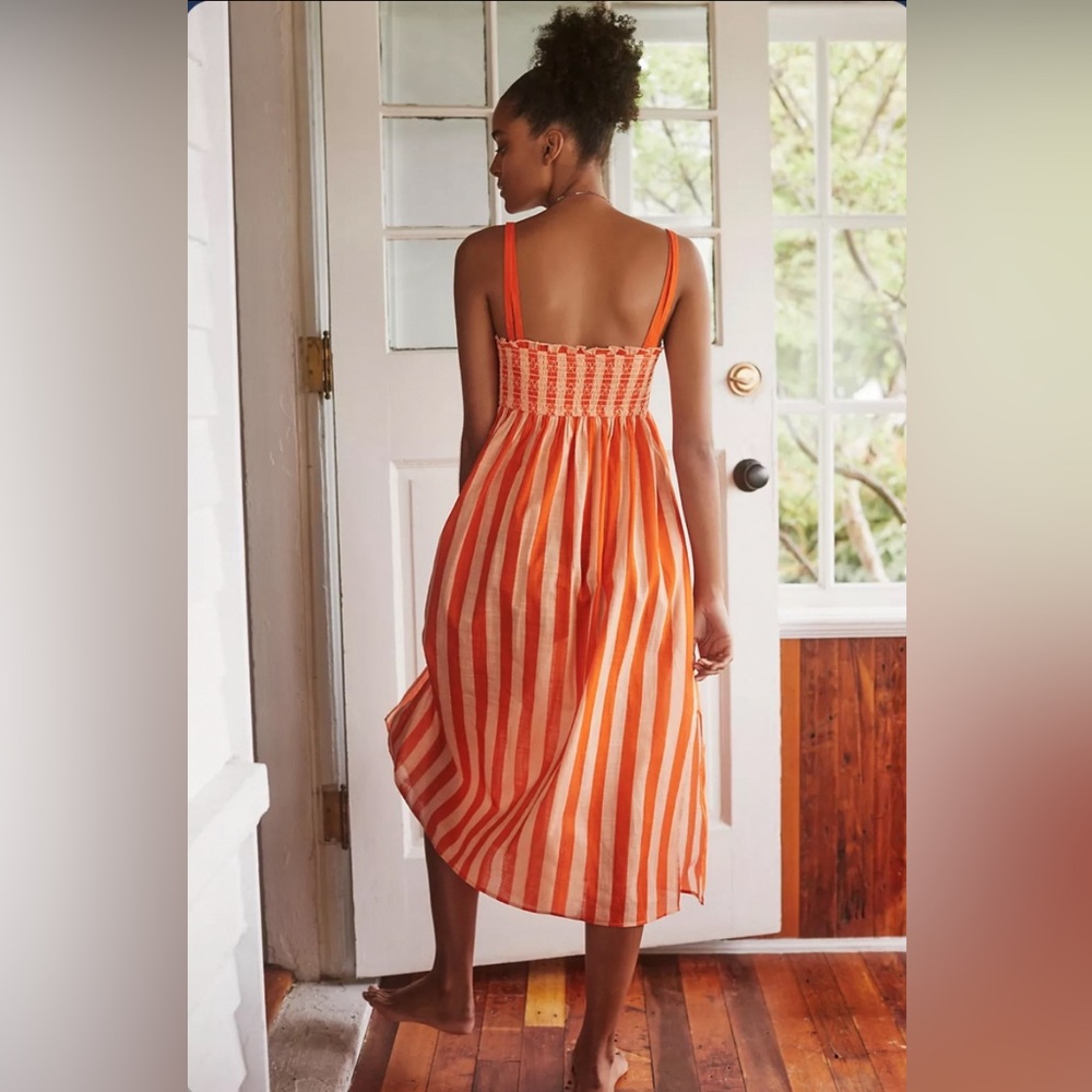 Anthropologie Midi Dress Size XL Smocked Blush Orange Stripe Spaghetti Strap - Picture 2 of 15